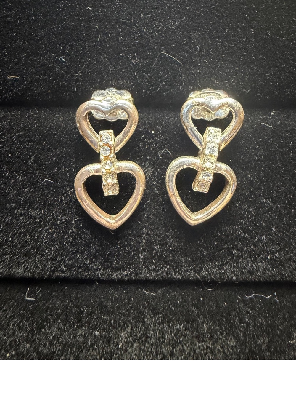 Avon silver Tone Double Heart Drop Earrings with Rhinestones